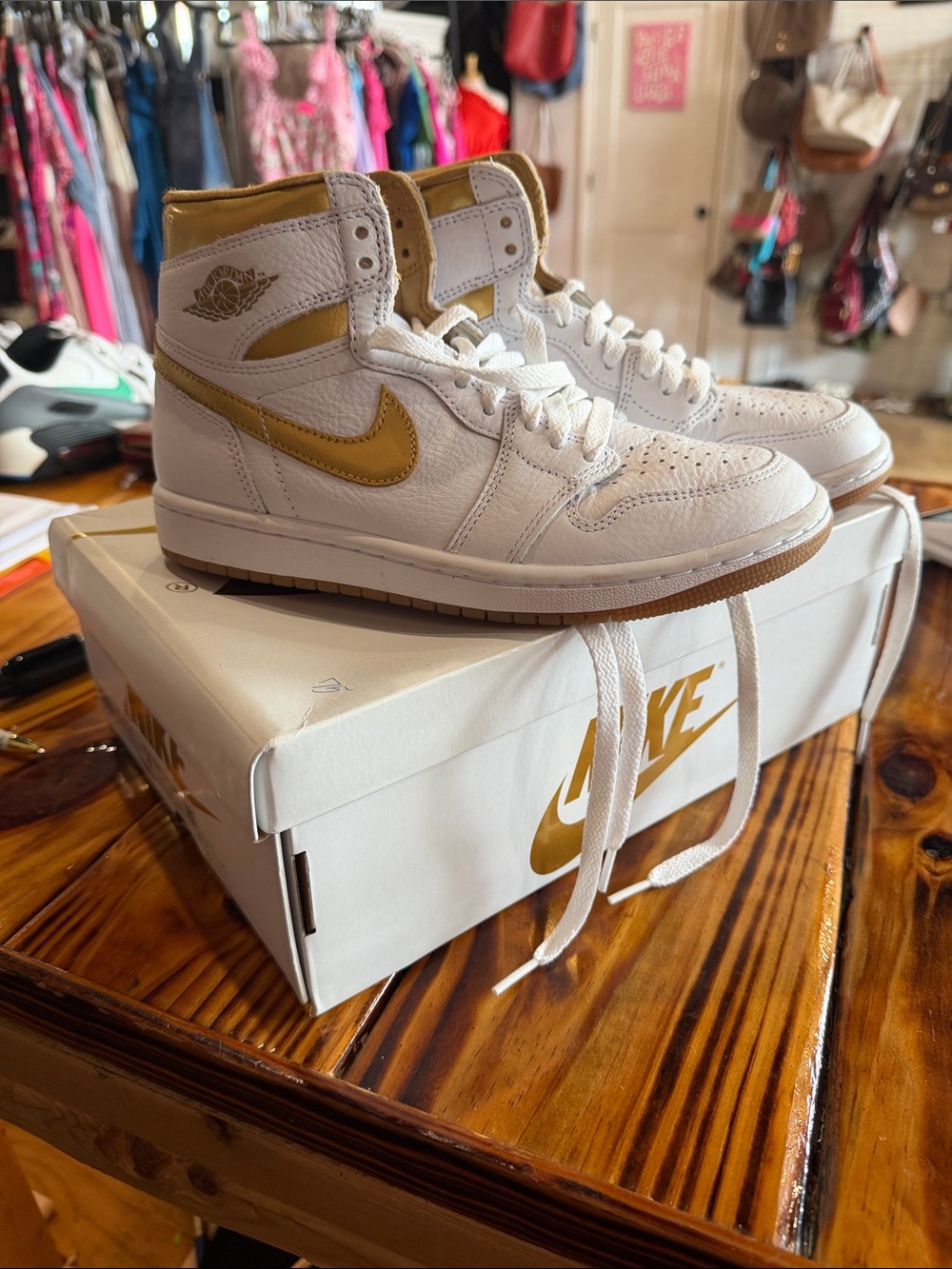 Nike High-Top Sneakers White & Gold Leather